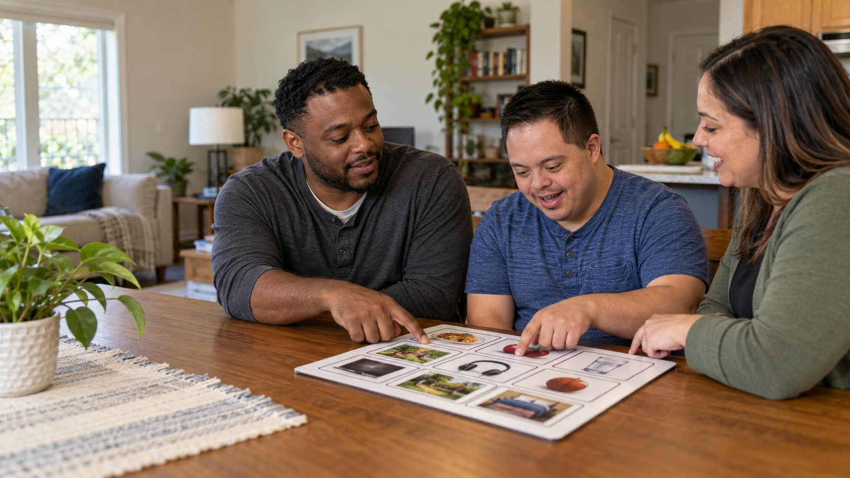 Illustrative scene of adult men at home in a residential setting