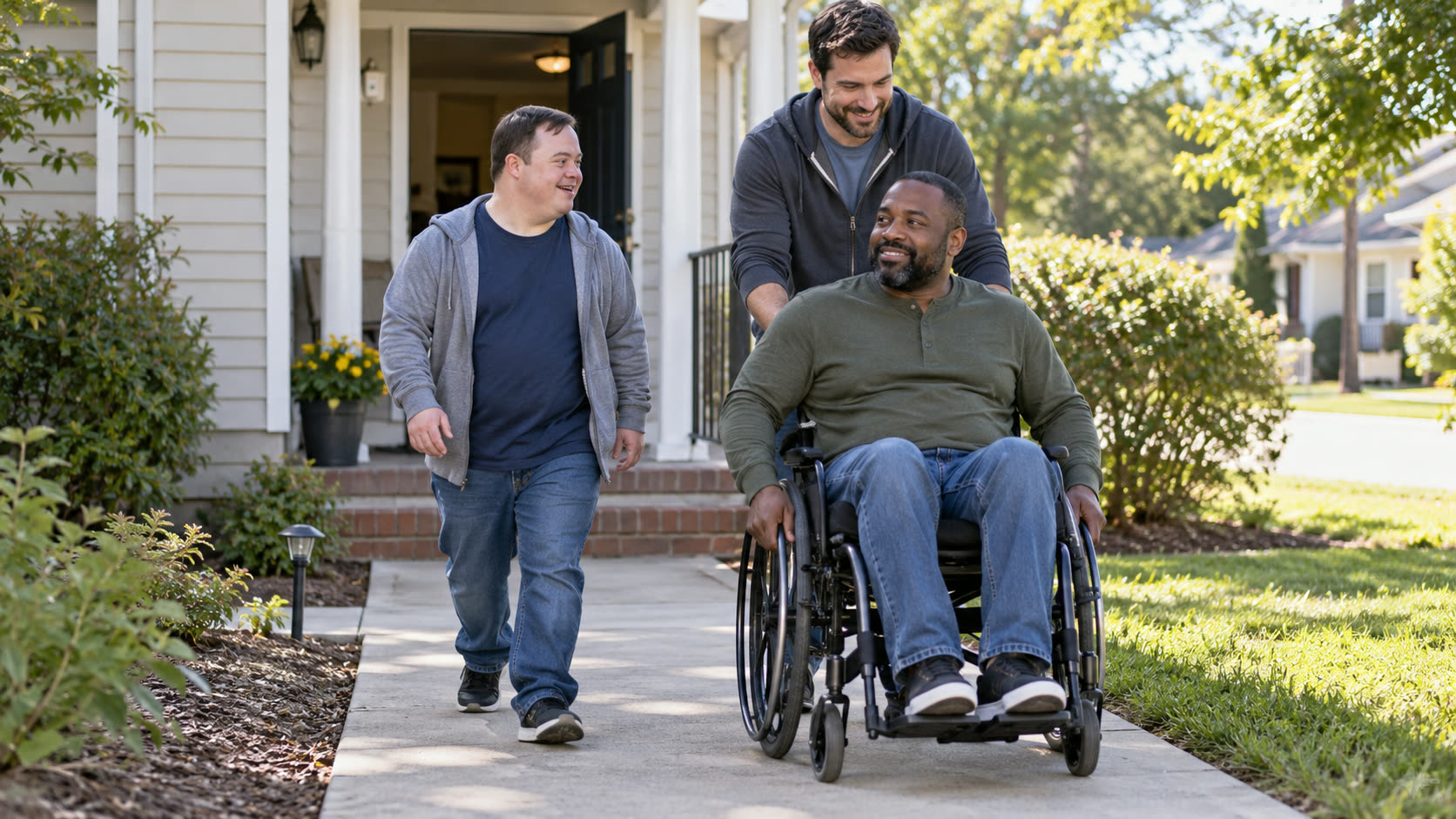 Illustrative scene of adult men and a support worker practicing an evacuation route on an outdoor paved path near a home